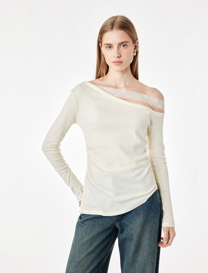  Slim Fit Pamuklu Uzun Kollu Ribanalı Dantelli Asimetrik Yaka Bluz