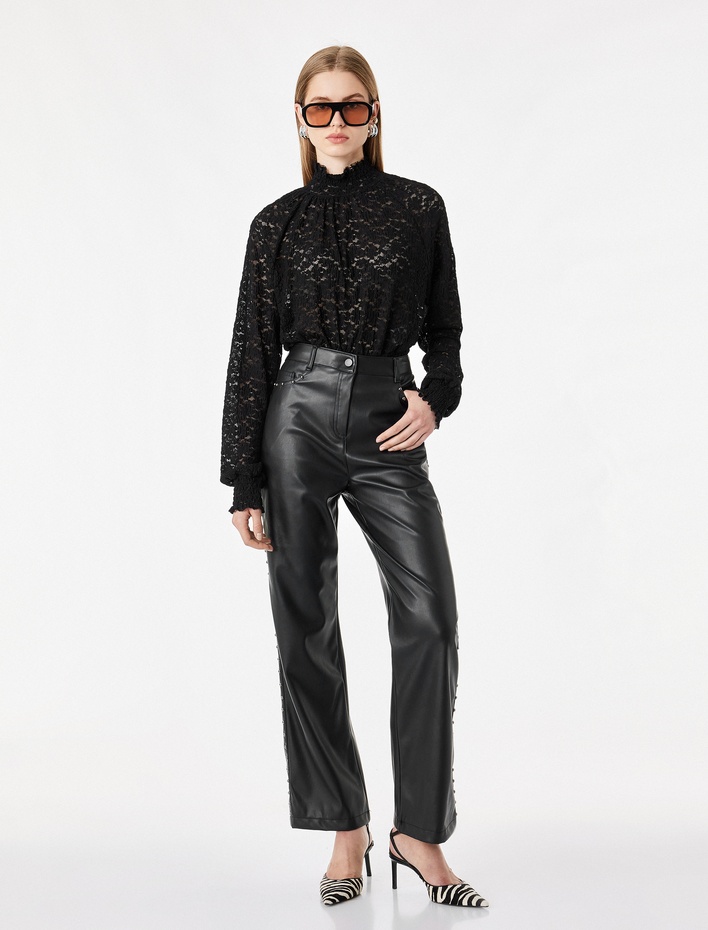  Gipeli Slim Fit Uzun Kollu Dantelli Dik Yaka Bluz