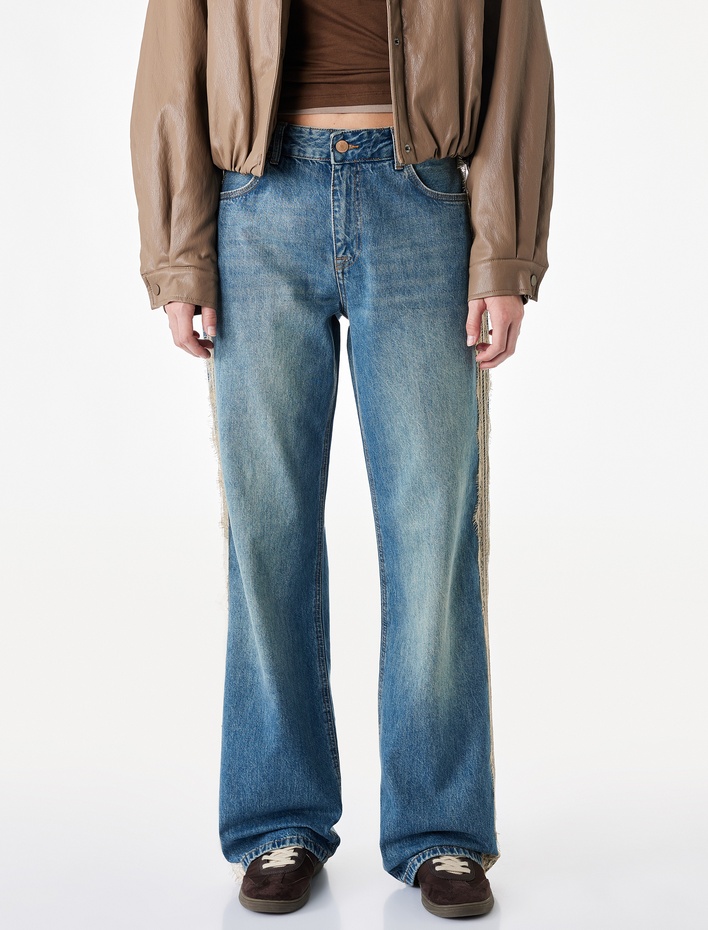  Normal Bel Pamuklu Cepli Düğmeli Dantel Detaylı Düz Paça Denim Pantolon - Straight Fit Jean