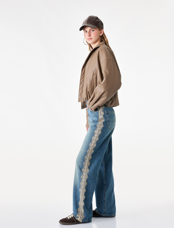  Normal Bel Pamuklu Cepli Düğmeli Dantel Detaylı Düz Paça Denim Pantolon - Straight Fit Jean