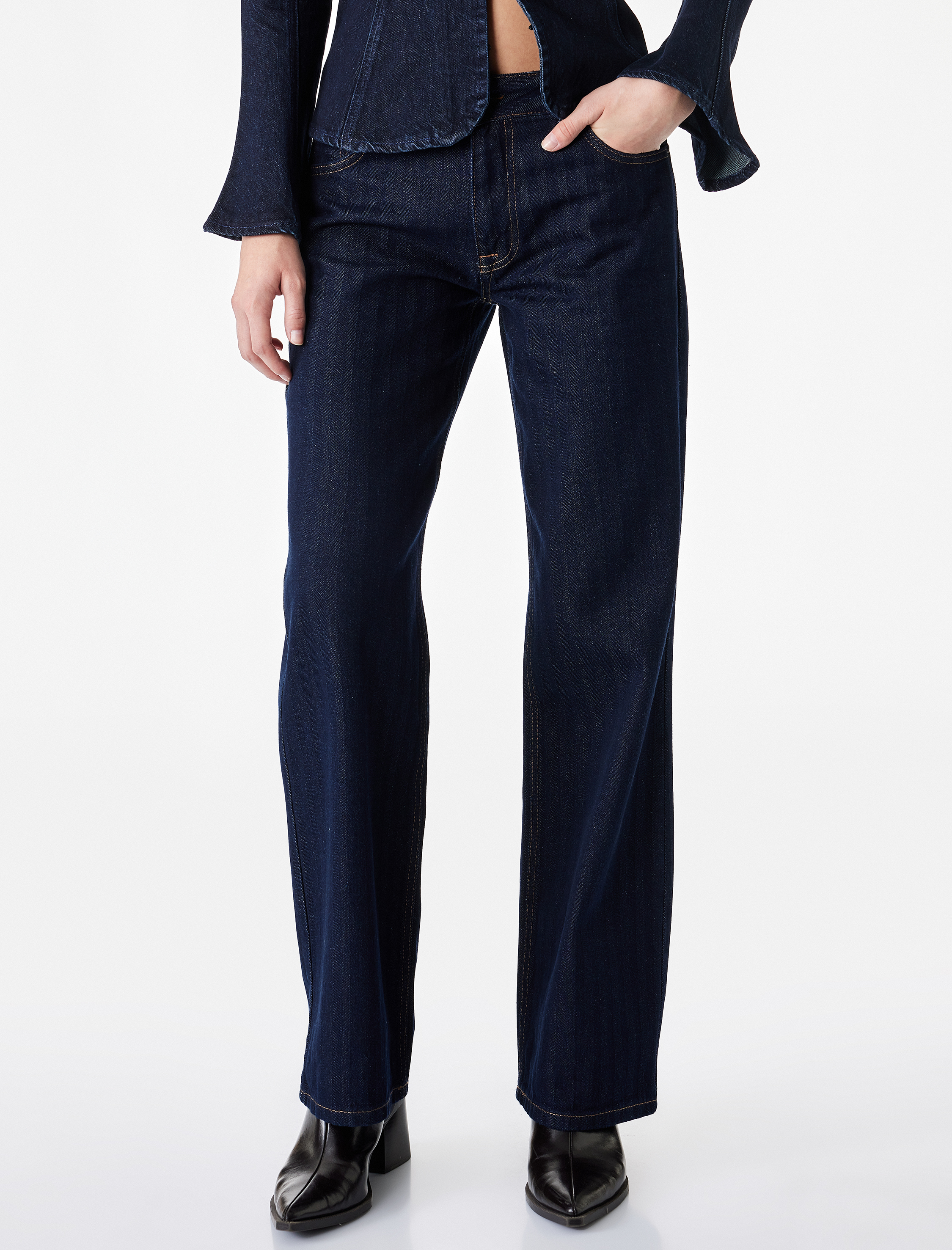   Düşük Bel Cepli Pamuklu Rahat Kesim Düz Paça Denim Pantolon - Straight Fit Jean