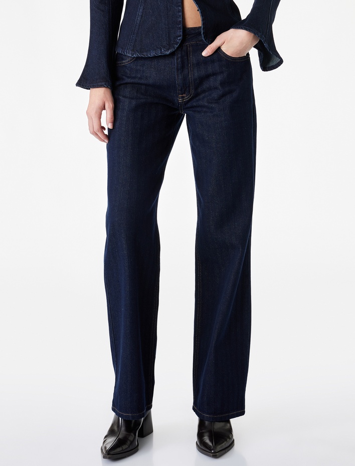  Düşük Bel Cepli Pamuklu Rahat Kesim Düz Paça Denim Pantolon - Straight Fit Jean