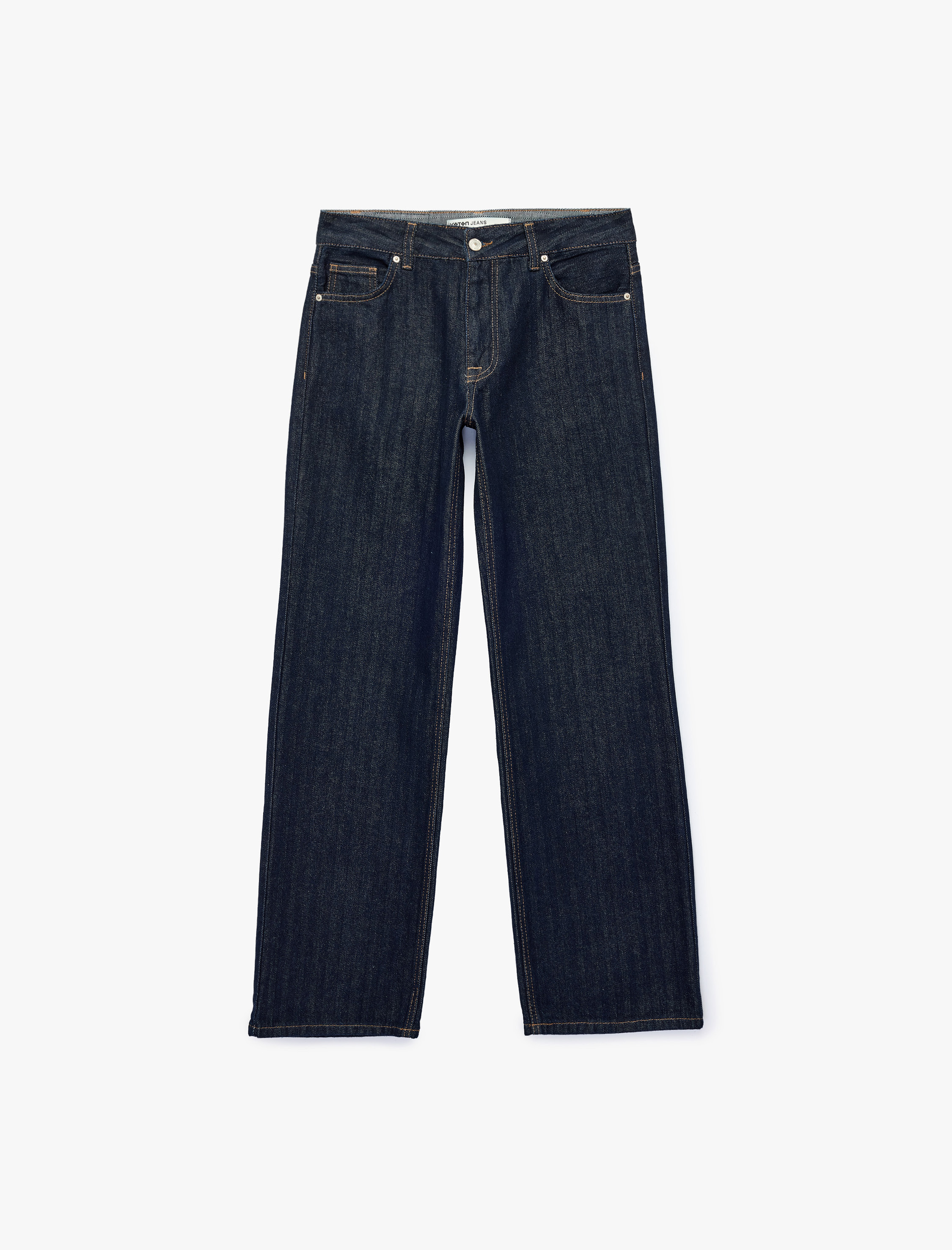   Düşük Bel Cepli Pamuklu Rahat Kesim Düz Paça Denim Pantolon - Straight Fit Jean