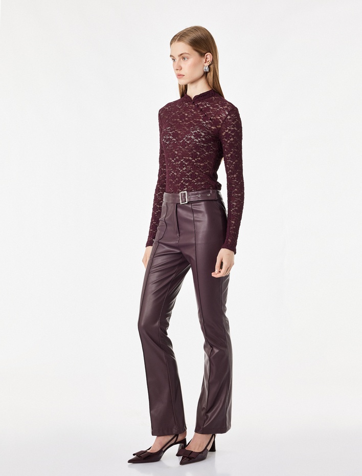  Slim Fit Uzun Kollu Düğmeli Dik Qipao Yaka Transparan Dantel Tişört