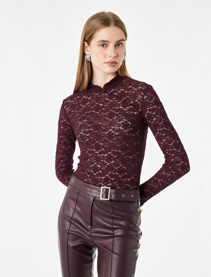  Slim Fit Uzun Kollu Düğmeli Dik Qipao Yaka Transparan Dantel Tişört