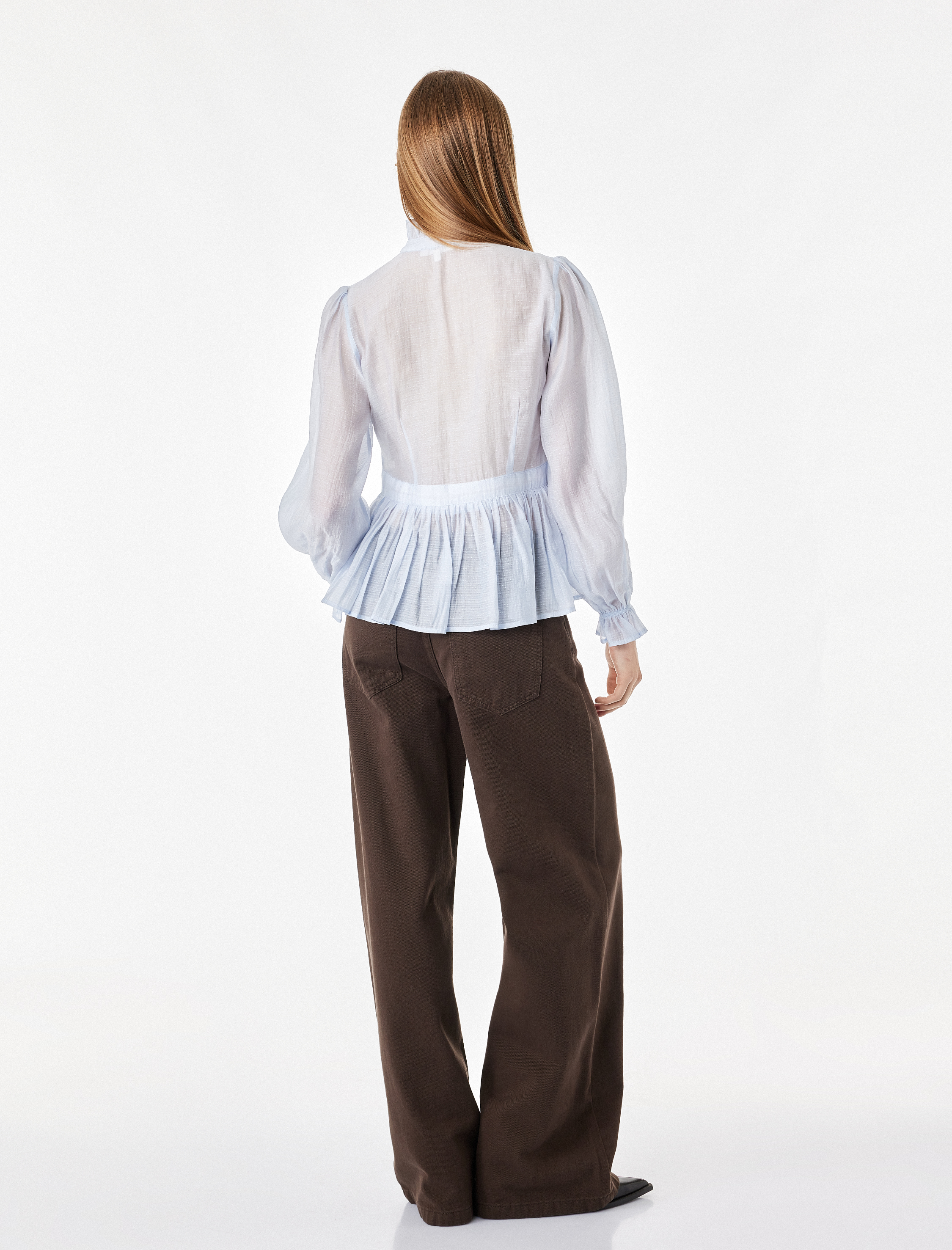   Uzun Kollu Dik Fular Yaka Fırfırlı Peplum Bluz