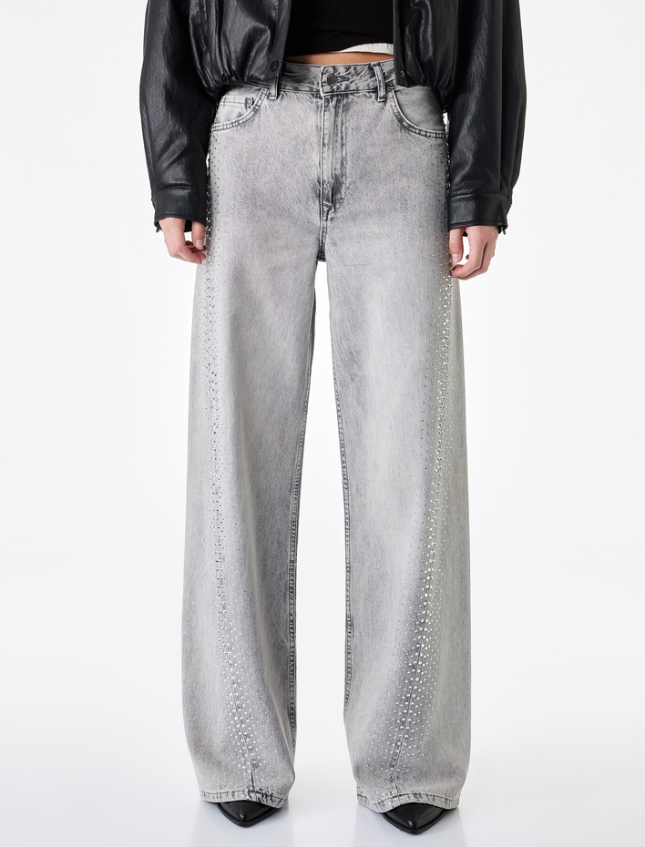  Yıkamalı Bol Kesim Cepli Taşlı Geniş Paça Denim Pantolon - Loose Straight Fit Jean