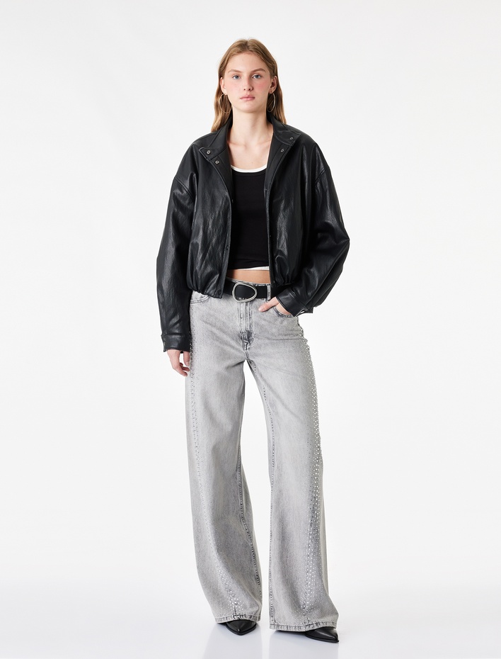  Yıkamalı Bol Kesim Cepli Taşlı Geniş Paça Denim Pantolon - Loose Straight Fit Jean