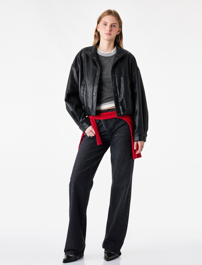  Pamuklu Düğme Detaylı Normal Bel Düz Paça Denim Pantolon - Straight Fit Jean