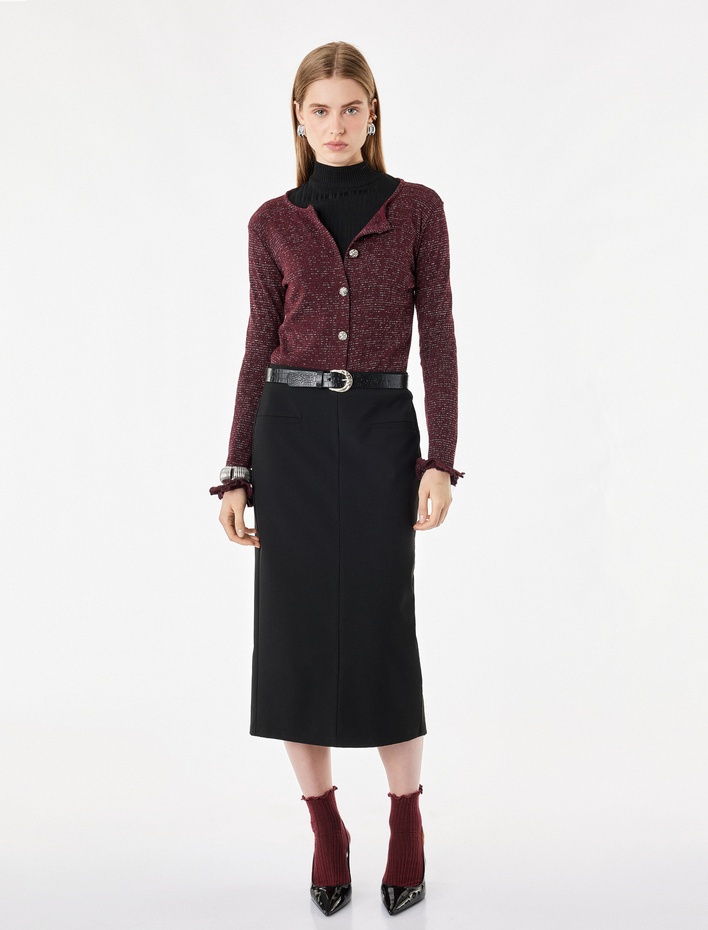  Slim Fit Bisiklet Yaka Fırfırlı Uzun Kollu Mücevher Düğmeli Parıltılı Hırka