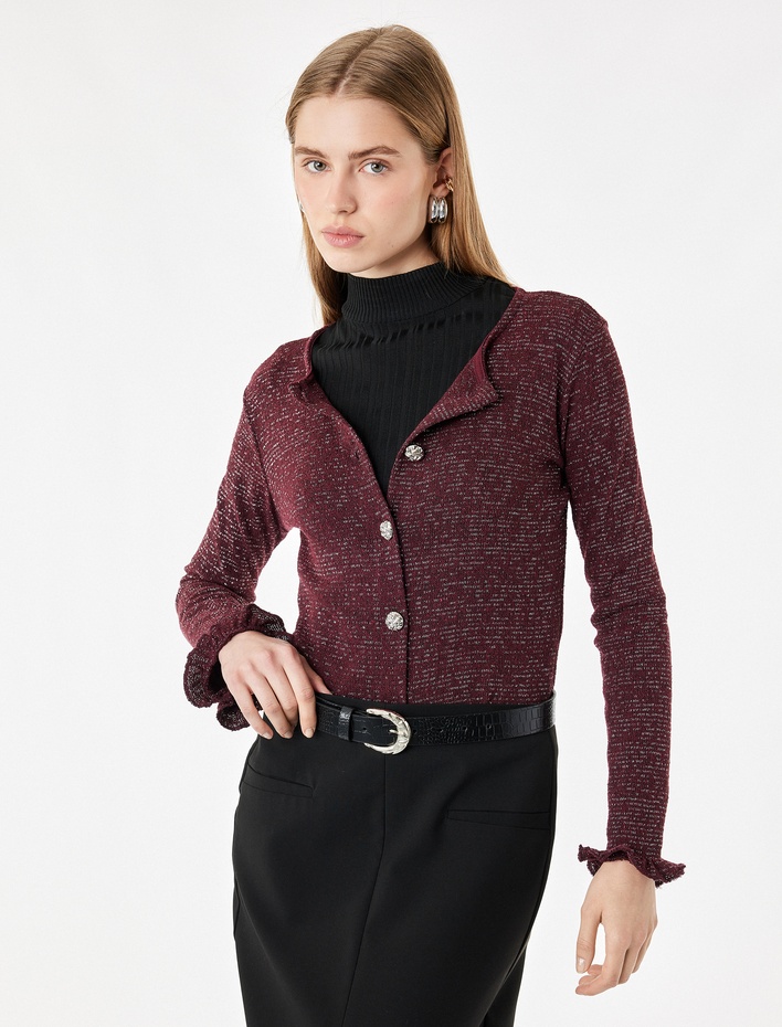  Slim Fit Bisiklet Yaka Fırfırlı Uzun Kollu Mücevher Düğmeli Parıltılı Hırka