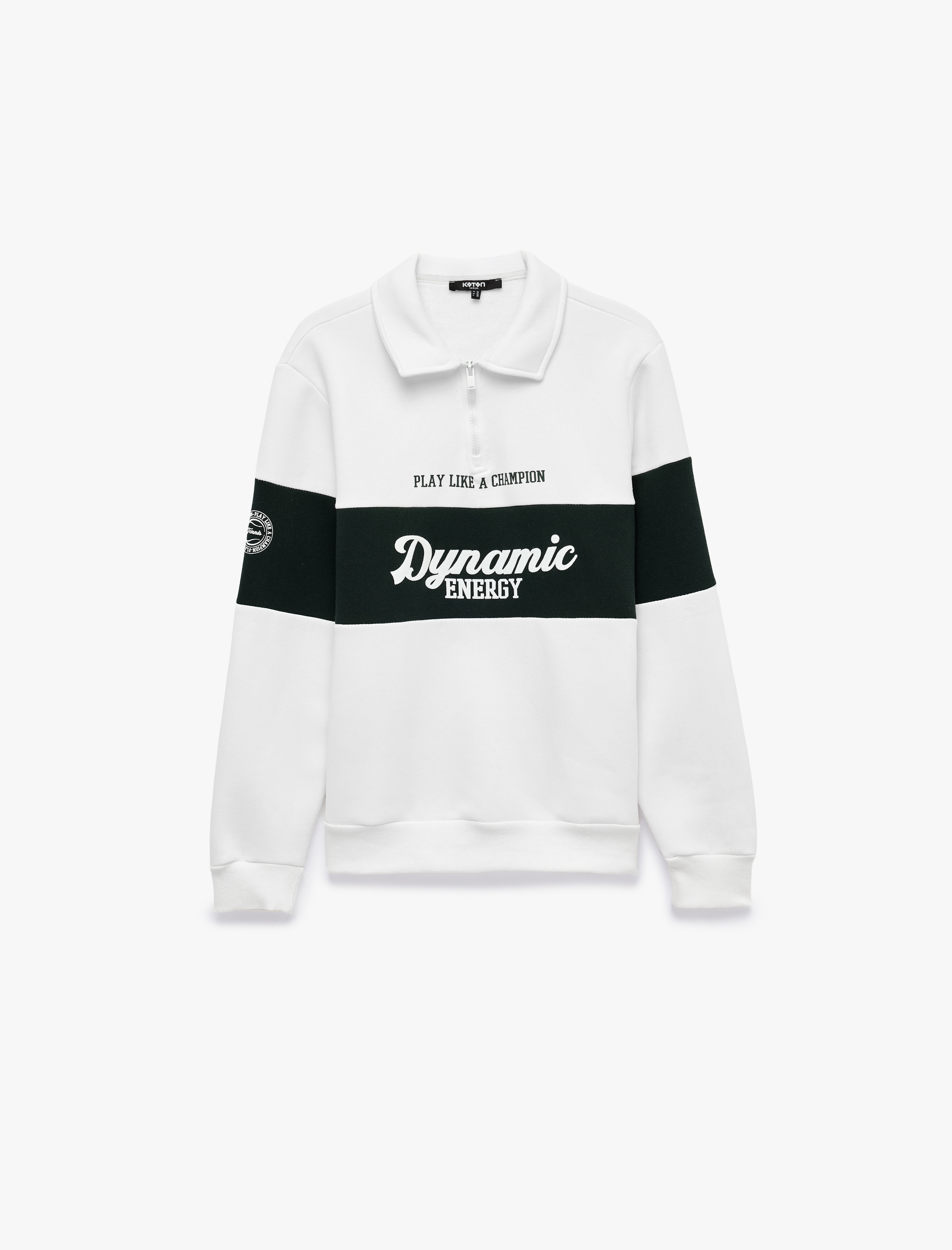   Uzun Kollu Üç İplik Şardonlu Renk Bloklu Yarım Fermuarlı Polo Yaka Baskılı Sweatshirt