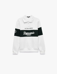 Uzun Kollu Üç İplik Şardonlu Renk Bloklu Yarım Fermuarlı Polo Yaka Baskılı Sweatshirt