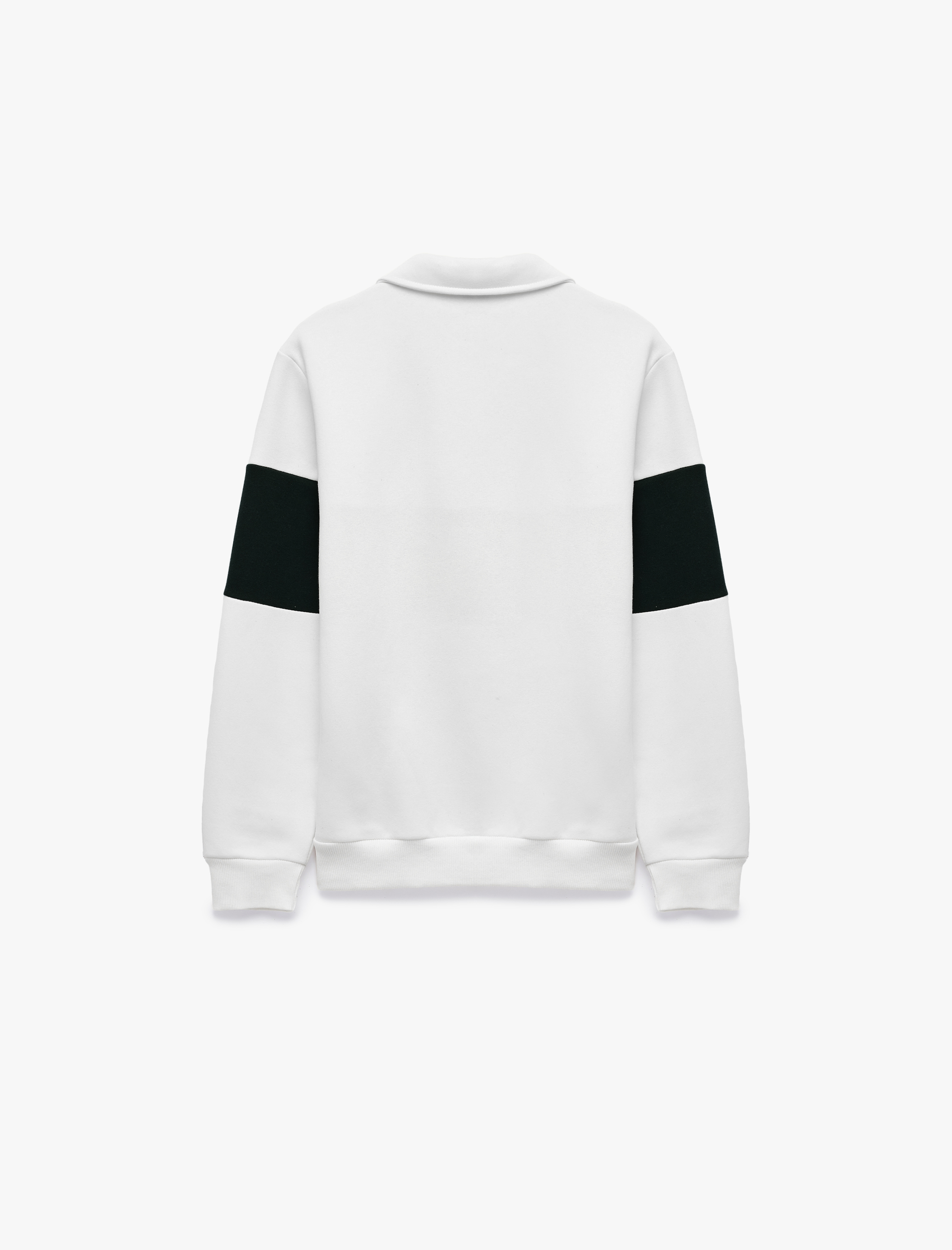   Uzun Kollu Üç İplik Şardonlu Renk Bloklu Yarım Fermuarlı Polo Yaka Baskılı Sweatshirt