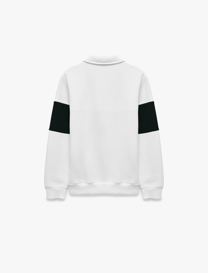  Uzun Kollu Üç İplik Şardonlu Renk Bloklu Yarım Fermuarlı Polo Yaka Baskılı Sweatshirt