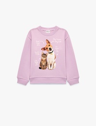 Kedi ve Köpek Baskılı Şardonlu Bisiklet Yaka Uzun Kollu Sweatshirt