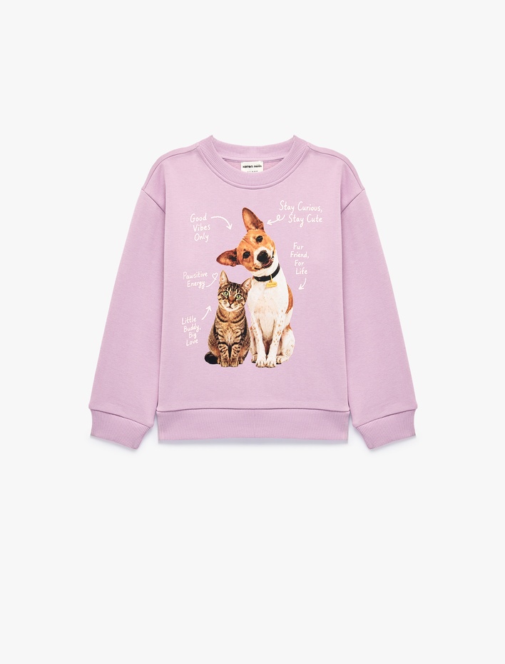 Kız Çocuk Kedi ve Köpek Baskılı Şardonlu Bisiklet Yaka Uzun Kollu Sweatshirt