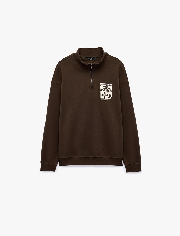  Şardonlu Rahat Kalıp Uzun Kollu Yarım Fermuarlı Arkası Baskılı Sweatshirt