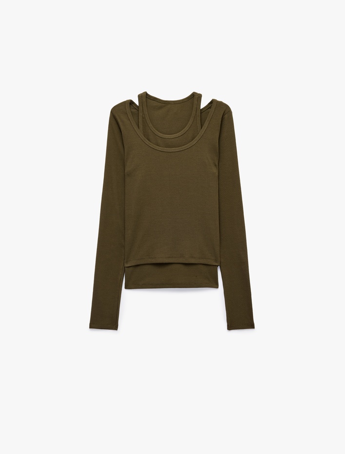  Pamuklu Slim Fit Bisiklet Yaka Katmanlı Uzun Kollu Basic Kaşkorse Tişört
