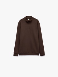 Oversize Pamuklu Uzun Kollu Dik Yaka Yarım Fermuarlı Spor Sweatshirt