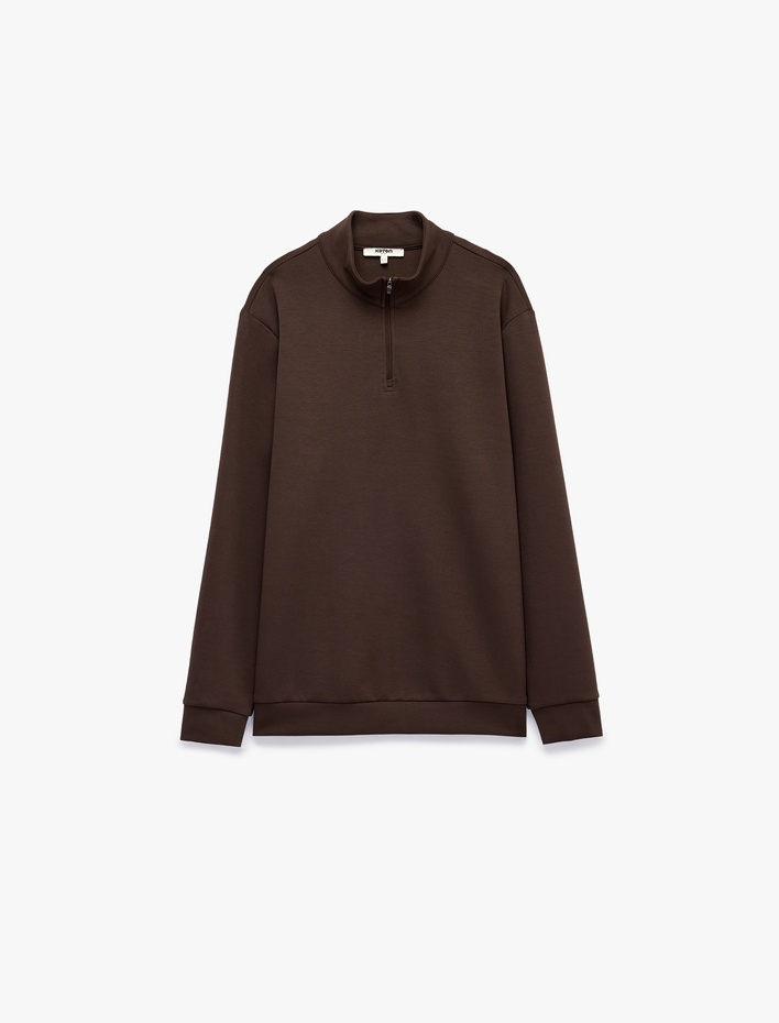  Oversize Pamuklu Uzun Kollu Dik Yaka Yarım Fermuarlı Spor Sweatshirt