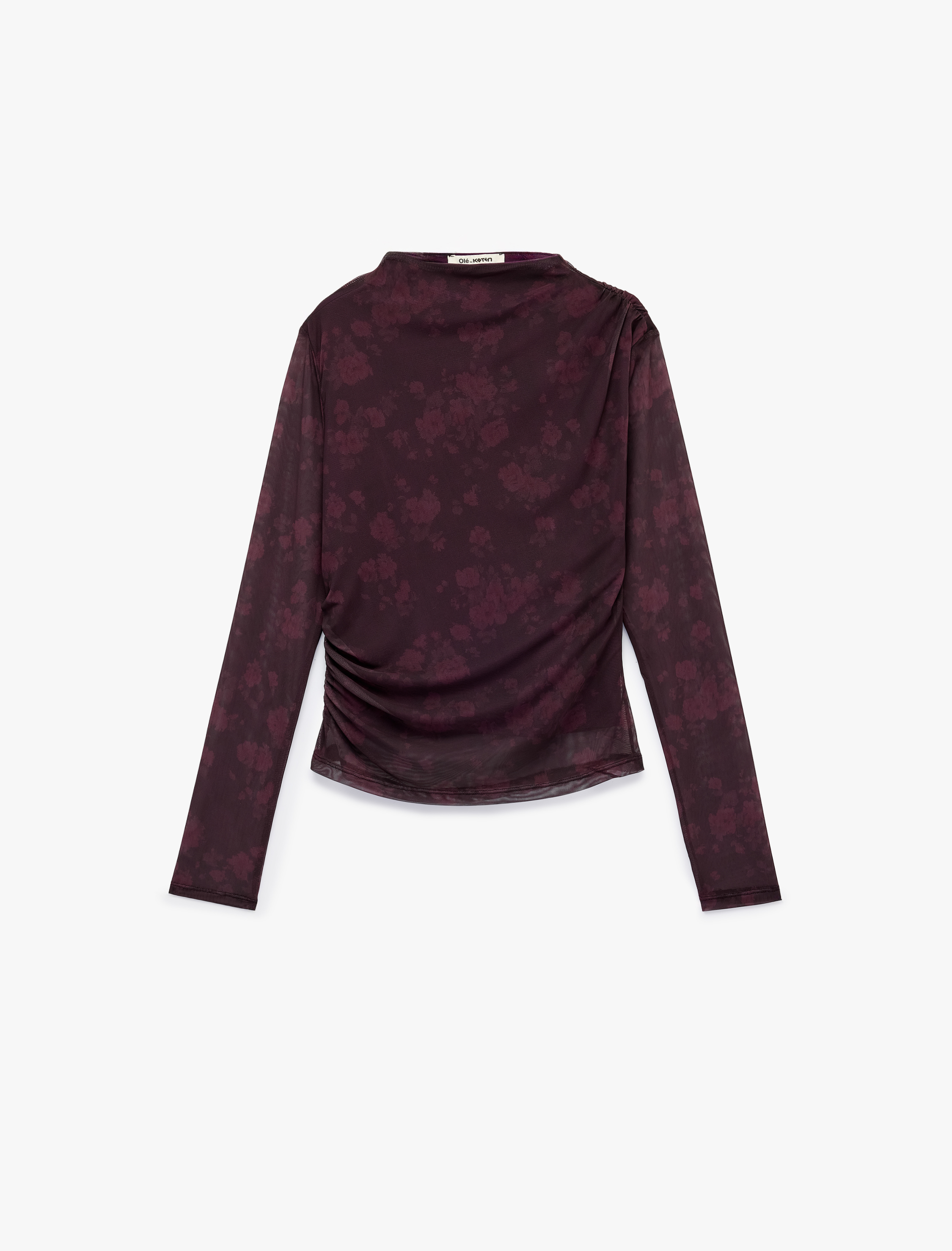   Slim Fit Dik Yaka Uzun Kollu Drapeli Çiçekli Tül Tişört