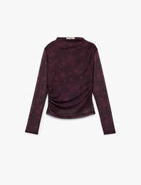 Slim Fit Dik Yaka Uzun Kollu Drapeli Çiçekli Tül Tişört