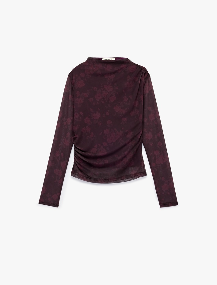  Slim Fit Dik Yaka Uzun Kollu Drapeli Çiçekli Tül Tişört