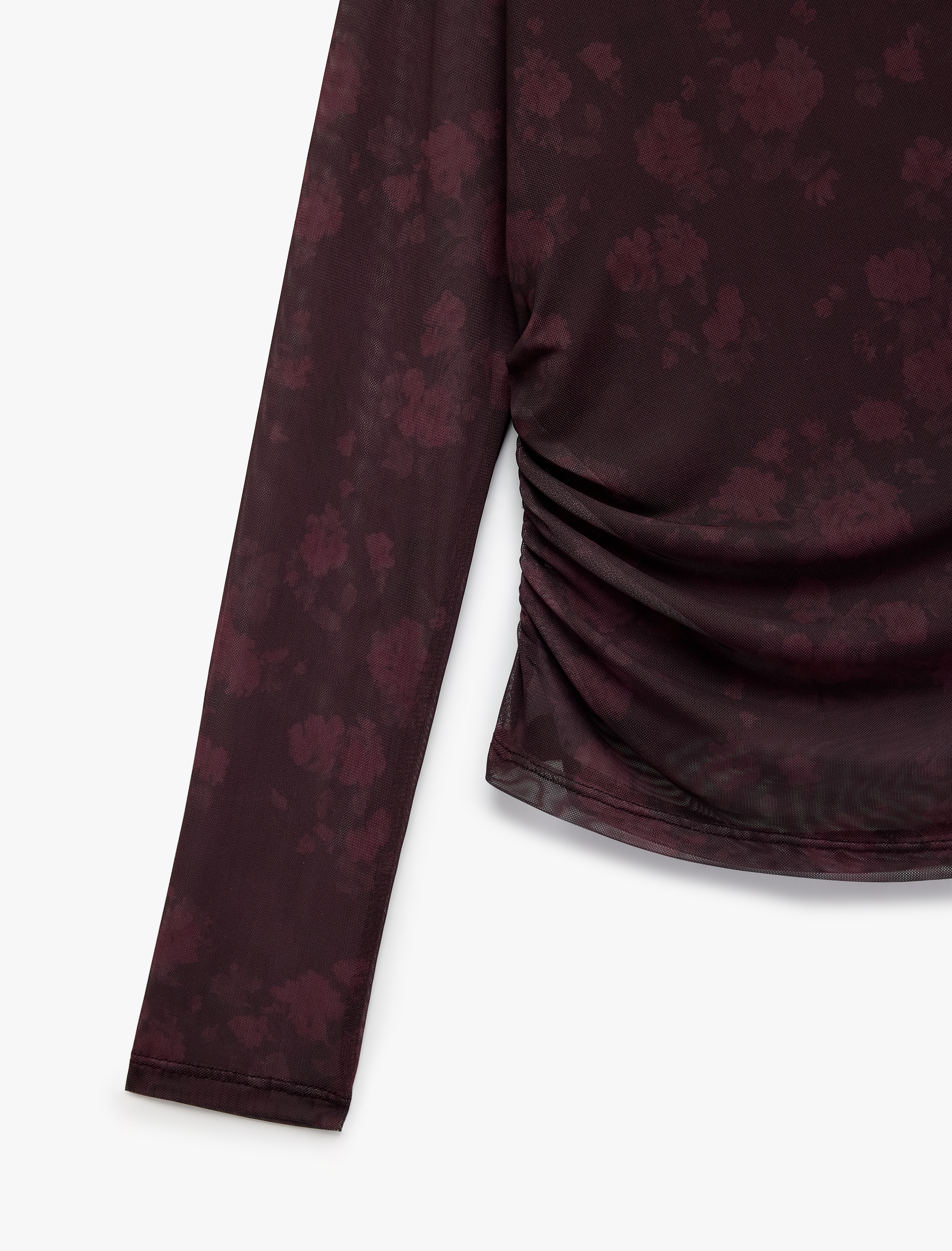   Slim Fit Dik Yaka Uzun Kollu Drapeli Çiçekli Tül Tişört