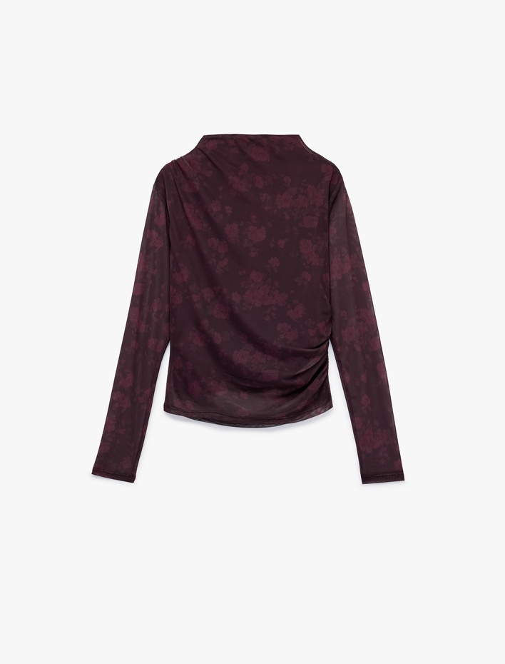  Slim Fit Dik Yaka Uzun Kollu Drapeli Çiçekli Tül Tişört