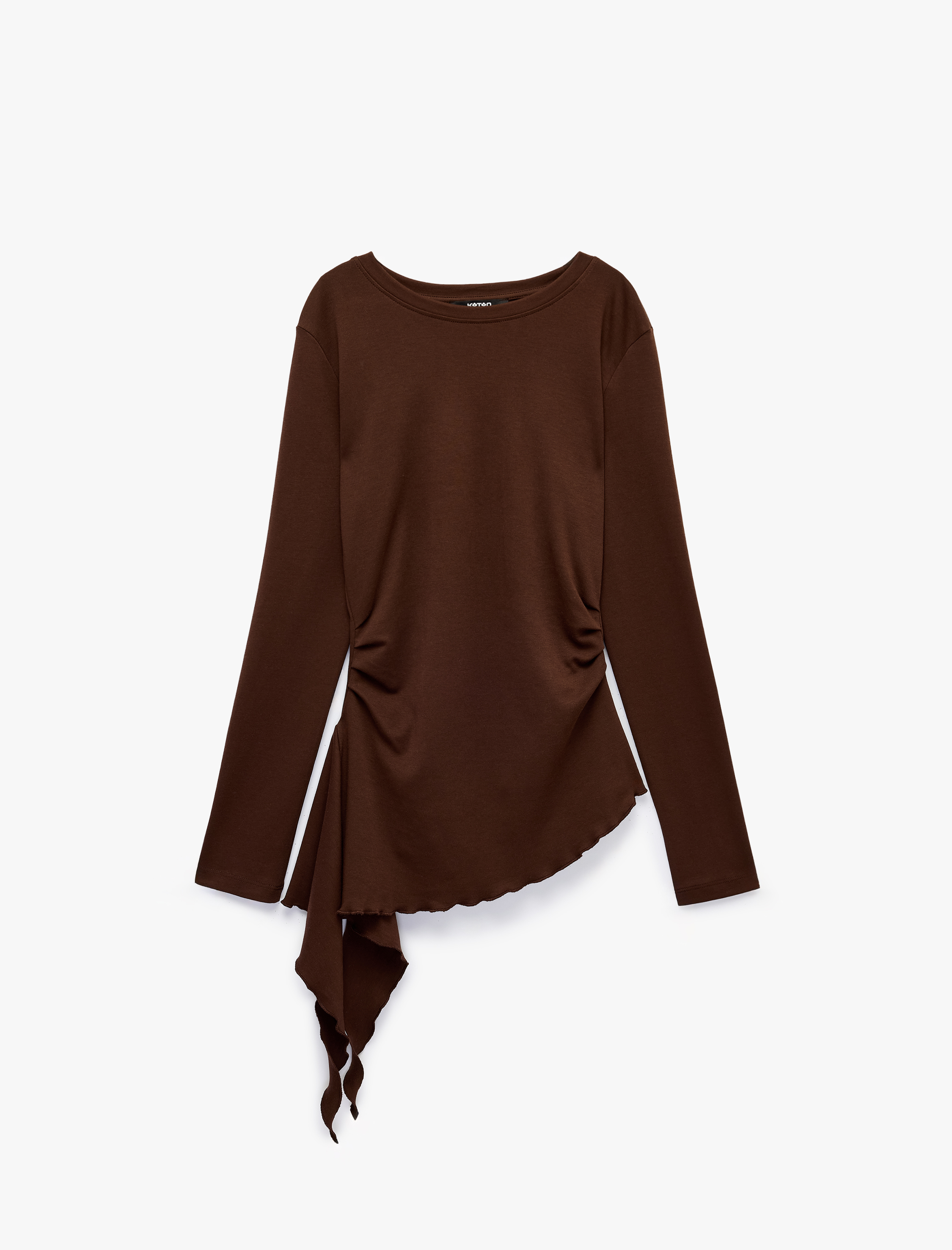   Pamuklu Bisiklet Yaka Uzun Kollu Slim Fit Drapeli Asimetrik Bluz