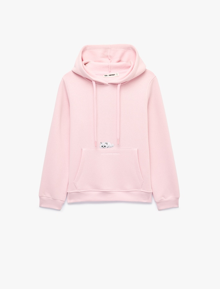  Şardonlu Kanguru Cepli Kapüşonlu Kedi Baskılı Sweatshirt