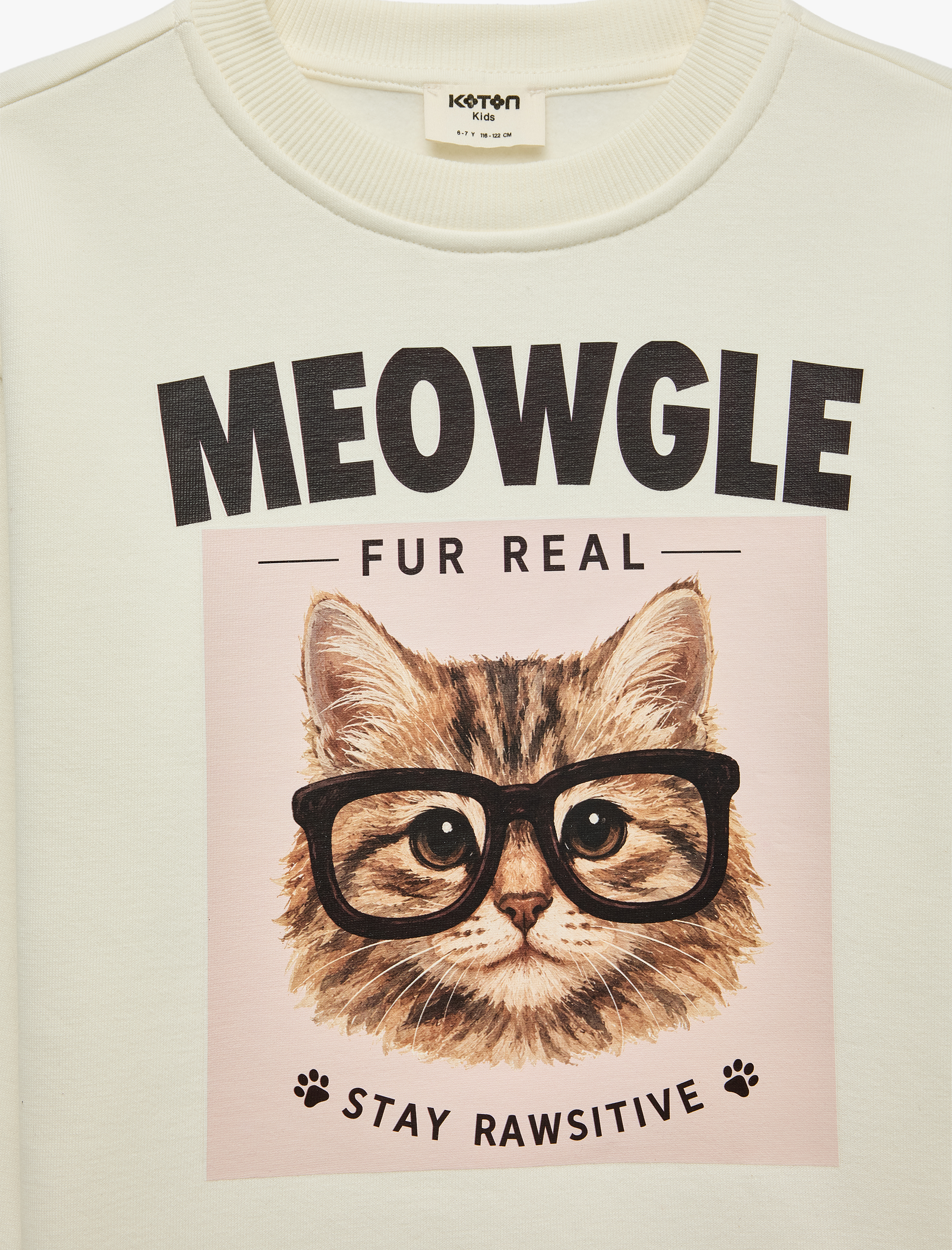  Kız Çocuk Kedi Baskılı Uzun Kollu Bisiklet Yaka Şardonlu Sweatshirt