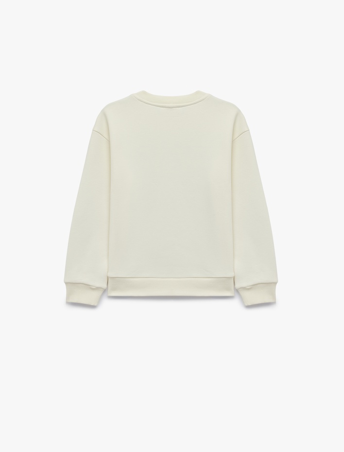 Kız Çocuk Kedi Baskılı Uzun Kollu Bisiklet Yaka Şardonlu Sweatshirt