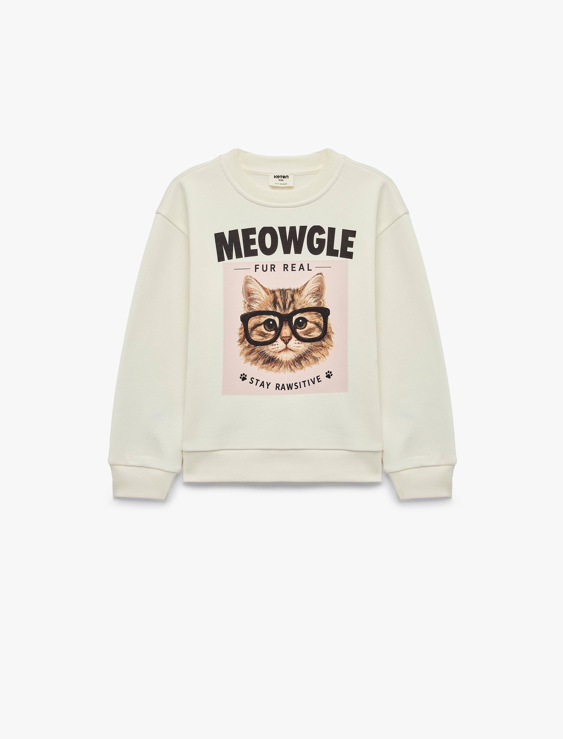  Kız Çocuk Kedi Baskılı Uzun Kollu Bisiklet Yaka Şardonlu Sweatshirt