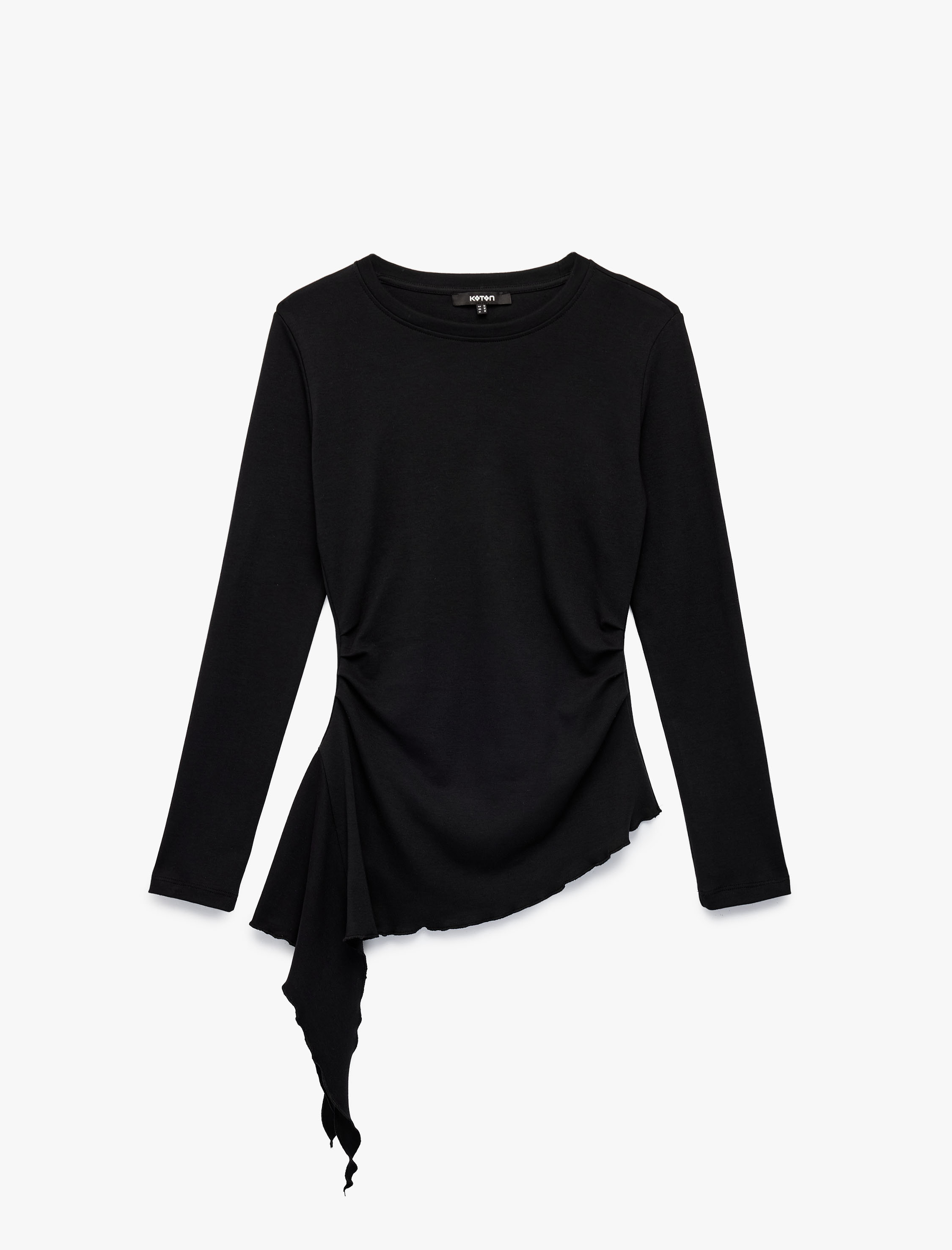   Pamuklu Bisiklet Yaka Uzun Kollu Slim Fit Drapeli Asimetrik Bluz