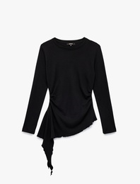 Pamuklu Bisiklet Yaka Uzun Kollu Slim Fit Drapeli Asimetrik Bluz