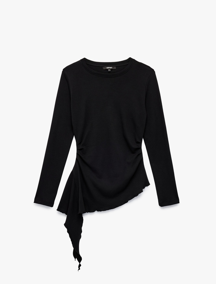  Pamuklu Bisiklet Yaka Uzun Kollu Slim Fit Drapeli Asimetrik Bluz