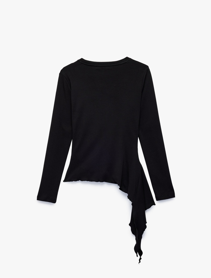  Pamuklu Bisiklet Yaka Uzun Kollu Slim Fit Drapeli Asimetrik Bluz