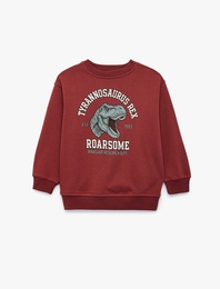 Dinozor Baskılı Bisiklet Yaka Uzun Kollu Sweatshirt