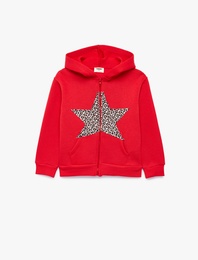 Leopar Desenli Yıldızlı Uzun Kollu Şardonlu Fermuarlı Kapşonlu Sweatshirt
