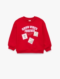 Pamuklu Bisiklet Yaka Uzun Kollu Baskılı Sweatshirt