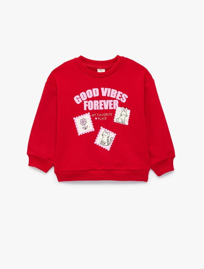 Kız Bebek Pamuklu Bisiklet Yaka Uzun Kollu Baskılı Sweatshirt