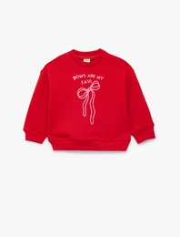 Pamuklu Bisiklet Yaka Uzun Kollu Fiyonk Baskılı Sweatshirt
