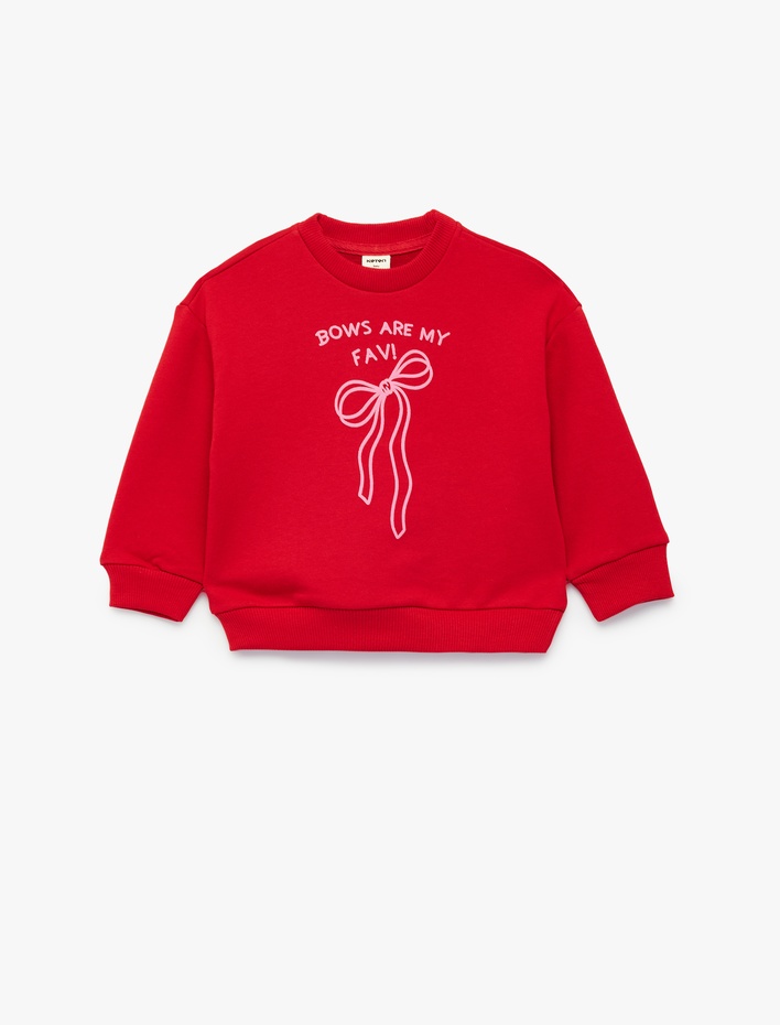 Kız Bebek Pamuklu Bisiklet Yaka Uzun Kollu Fiyonk Baskılı Sweatshirt