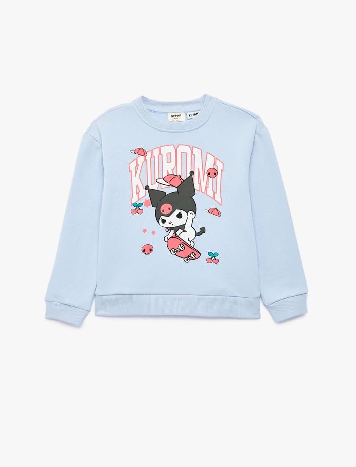Kız Çocuk Kuromi Baskılı Şardonlu Uzun Kollu Bisiklet Yaka Lisanslı Sweatshirt
