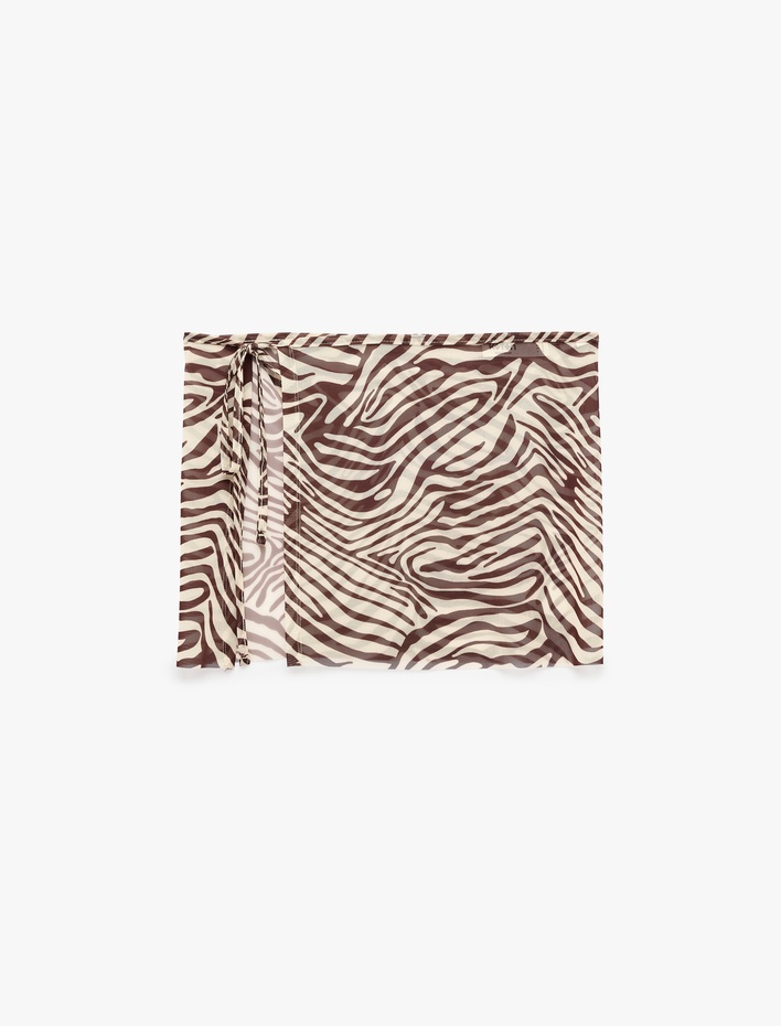  Bağlamalı Kruvaze Zebra Desenli Transparan Tül Pareo Mini Etek