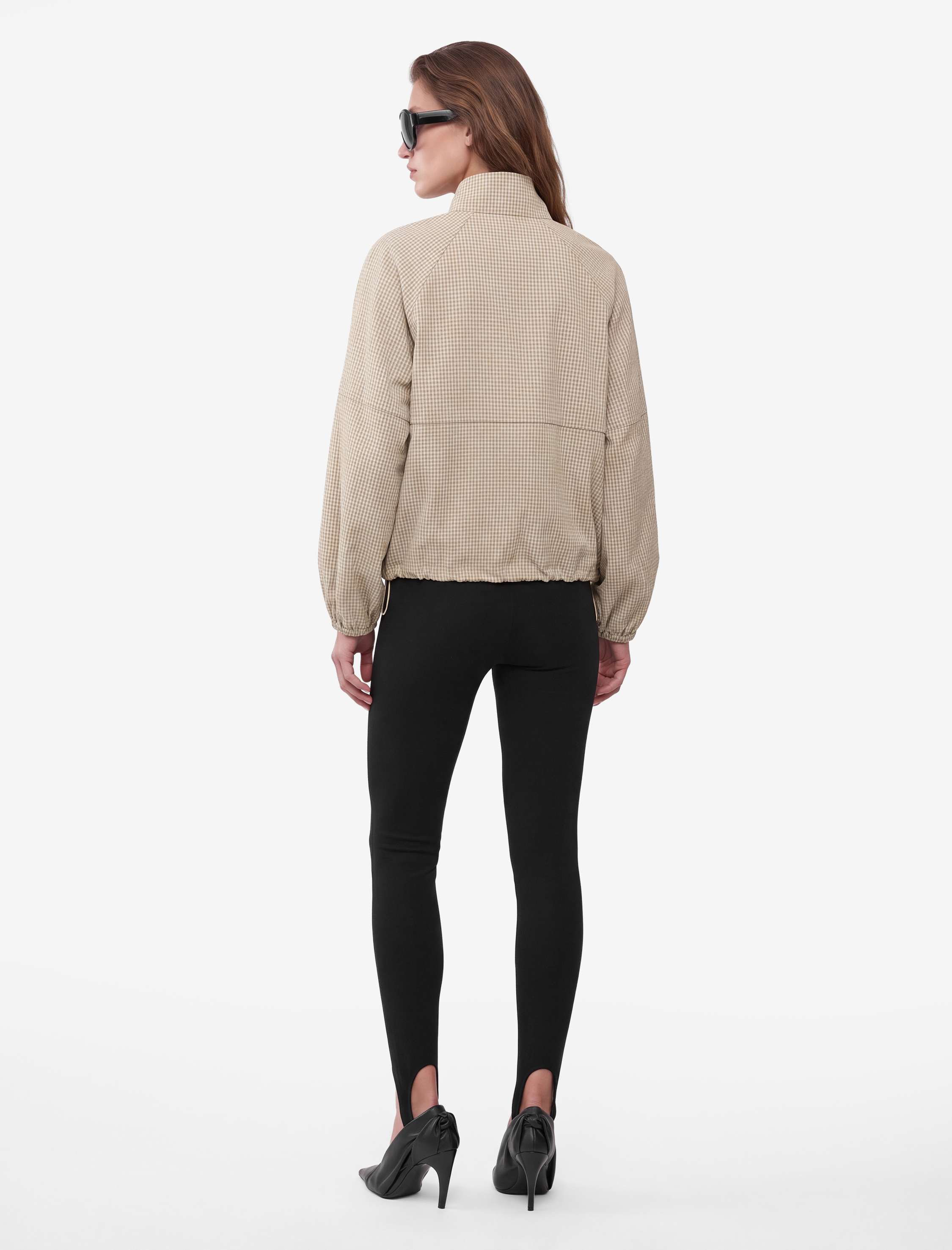   Uzun Kollu Fermuarlı Kareli Dik Yaka Oversize Gabardin Ceket