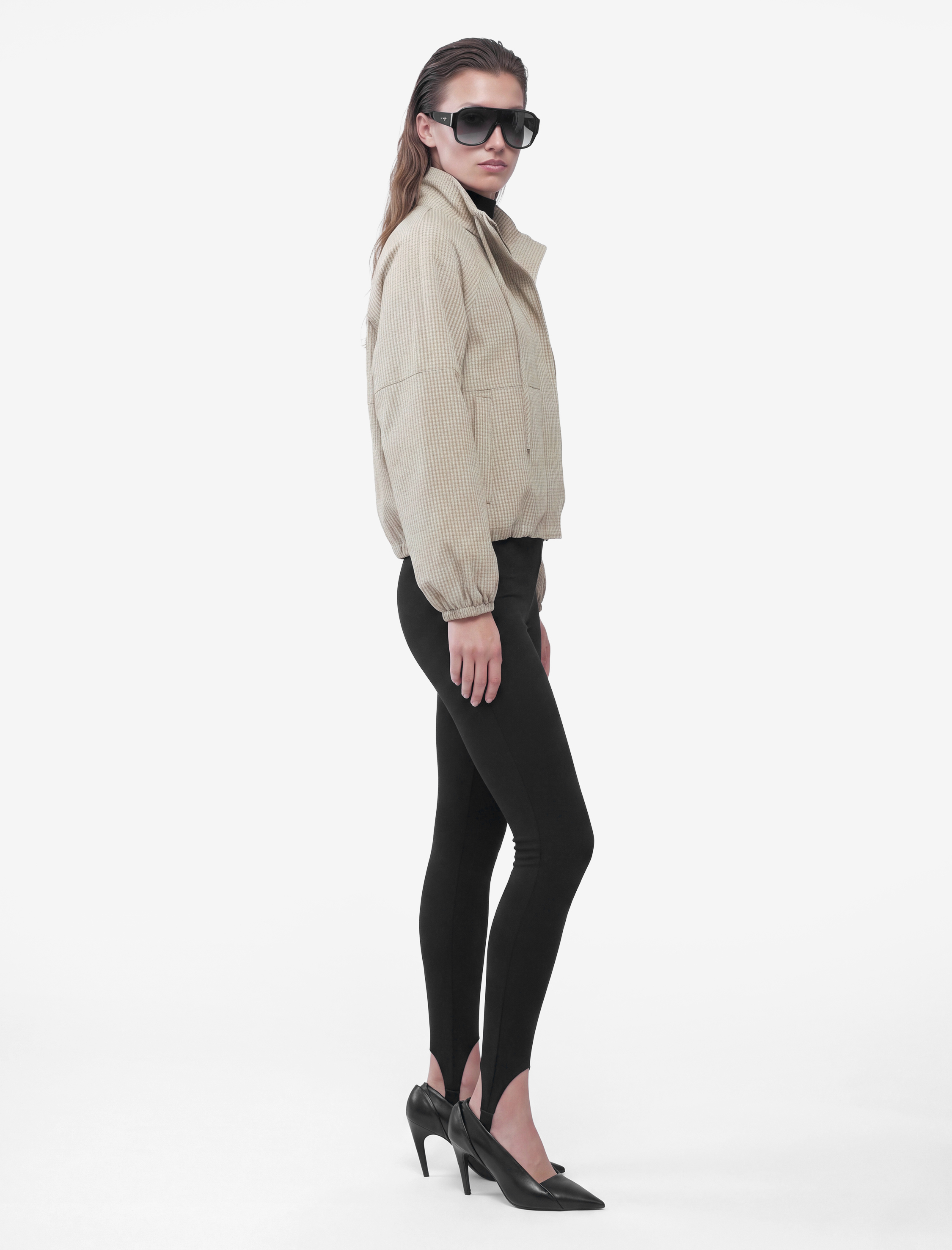   Uzun Kollu Fermuarlı Kareli Dik Yaka Oversize Gabardin Ceket