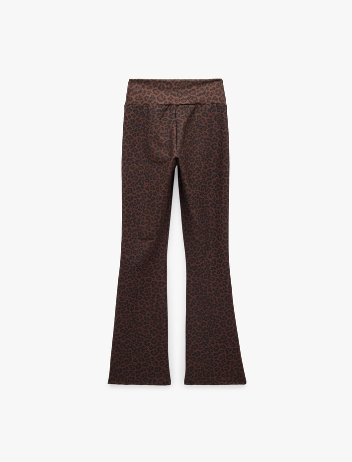  İspanyol Paça Spor Tayt Leopar Desenli Slim Fit Yumuşak Tuşe Yüksek Bel